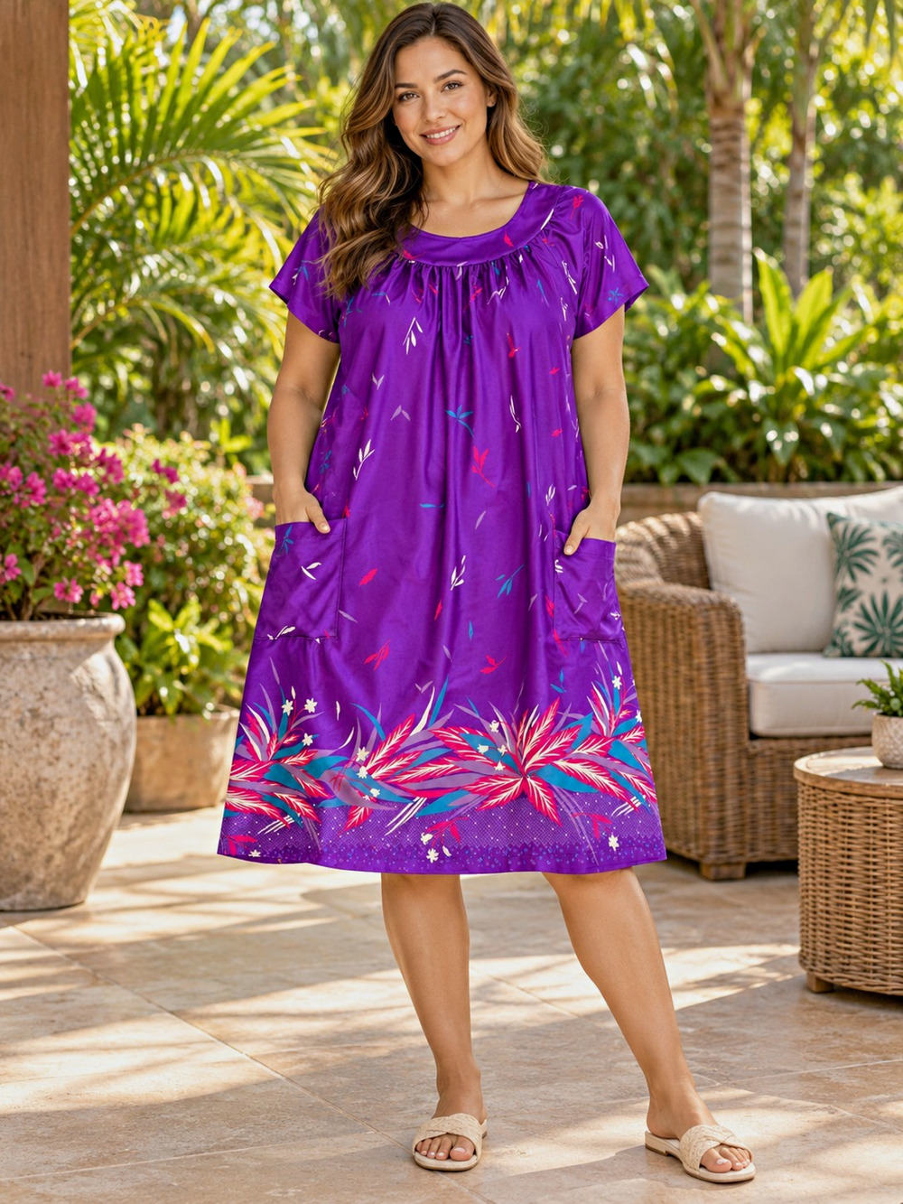 Womens Purple Floral House Dress Short Sleeve Lounge Muumuu Dress With Pockets
